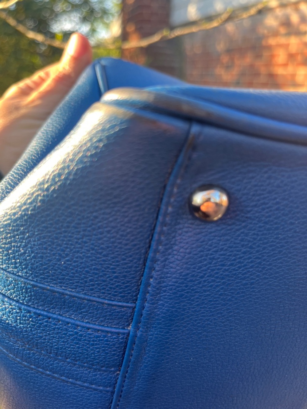 MCM  Blue Leather Satchel with Silver Hardware and end pockets - Picture 6 of 15